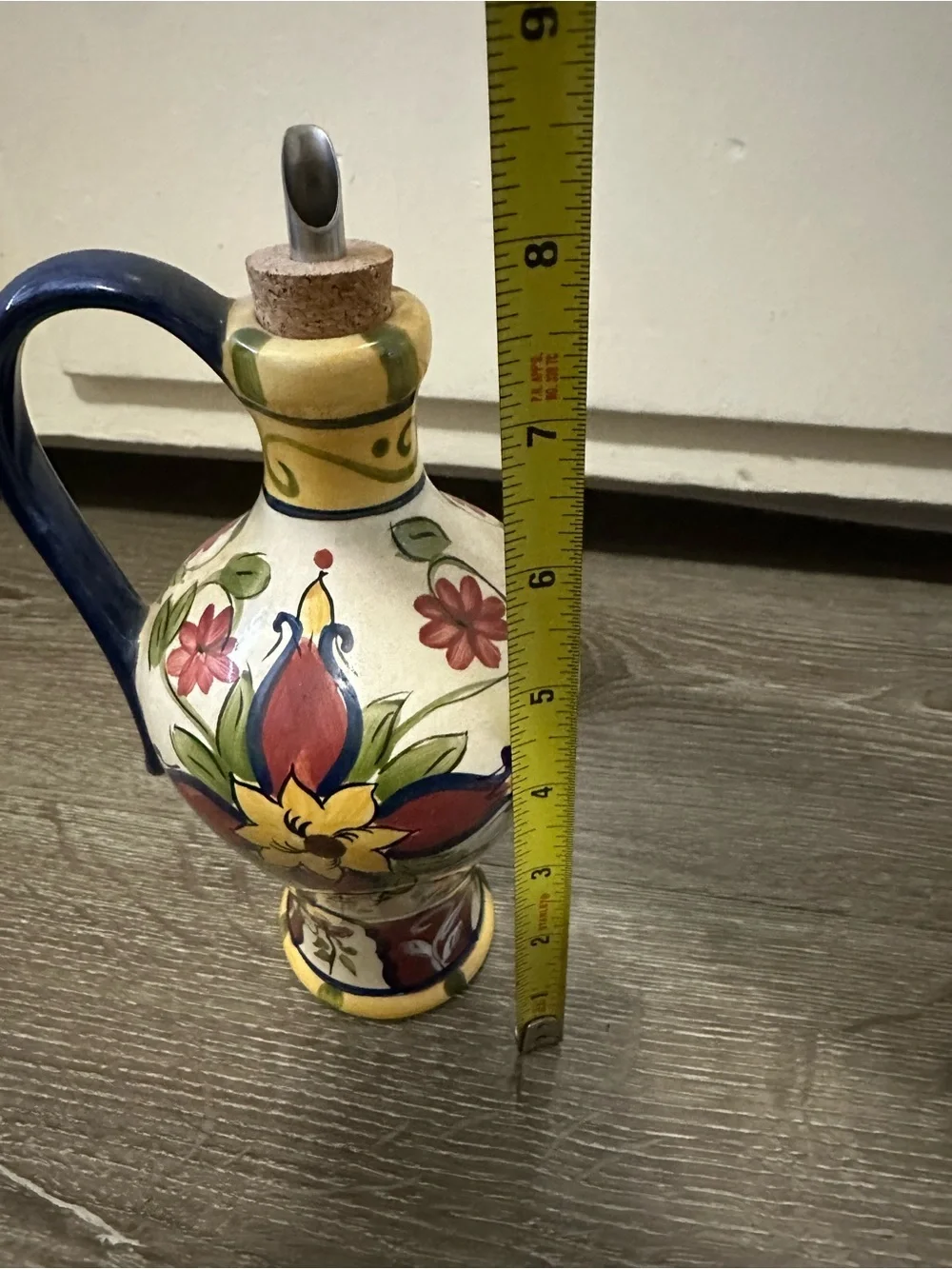 Pier 1 Multicolor Floral Ceramic Oil Cruet with Blue Handle